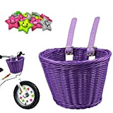 Boyigog Fahrradkorb Geflochten, Fahrradkorb Kinder mit 12 Stück Speichen Clip Sterne und Abnehmbar Lederriemen Vorderradkorb für Mädchen und Kinder DIY ...