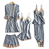 BYCDD Satin-Pyjama-Sets, 5-teiliger Pyjama, sexy Nachtwäsche für Damen, Schlaflounge, Seidenpyjama mit Brustpolstern (Color : Blue, Size : M)