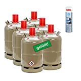 CAGO 6x Propan-Gas-Flasche 11 kg gefüllt, voll, inkl. Lecksuchspray für Camping, Gasgrill, Gaskocher