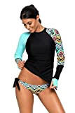 Damen Langarm Rashguard UPF 50+ Athletic Swim Shirt Farbblock Druck Tankini Sets Badeanzug S-XXXL (Blau, (EU46-48) XL)