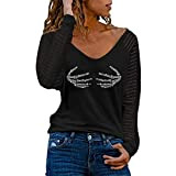 Damen Oberteil Frauen Hot Drill Skeleton Butterfly Heart Print Langarm T-Shirt Frauen Splice Sleeve Herbst Shirt V-Ausschnitt Grafik T-Shirts Tops ...