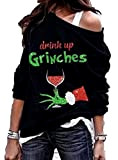 Damen-Sweatshirt mit Aufdruck ?Drink Up Grinches?-Ausschnitt ?Cold Shoulder?. (Large,Black)
