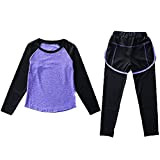 Echinodon Mädchen Sport-Set 2tlg Schnelltrockend Langarmhirt + Hose mit Shorts Anzug für Jogging Training Yoga Violett 160