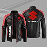 Herren Leder Bikerjacke Sweatshirt für Suzuki Print Fashion Stehkragen Jacken PU Motorradjacke Winddichte Mäntel - Teen Gift(Color:Red,Size:Large)