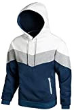 Hoodie Herren Pullover Sweatshirt Farbblock Vlies Langarm Kapuzenpullover Sweatjacke mit Tasche weiß Grau Blau XL