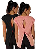 icyzone Damen Fitness Yoga Kurzarm Shirt Rückenfrei Gym Top Sport T-Shirt, 2er Pack (M, Black/Pale Blush)