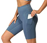 icyzone Damen Kurze Sporthose Laufshorts Hohe Taille Yoga Fitness Shorts Leggings mit Tasche (S, Blau)