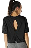 icyzone Sport T-Shirt Damen Fitness Kurzarm Shirt Rückenfrei Yoga Crop Top Oberteile Loose Fit (S, Black)
