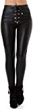 Jela London Damen Schwarze Kunst-Leder Hose Wetlook Leggings Treggings Schnürung High-Waist Hoher Bund Clubwear, 34 36 (S)