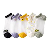 JIHUOO 5 Paar Durchscheinende Gänseblümchen Socken Ultradünn Atmungsaktiv Socken Durchsichtigen Söckchen Blumen Sommer Socken für Frauen und Mädchen