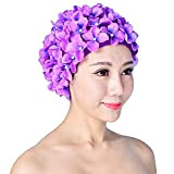Laluky Badekappe für Damen, Blumen, Blumenmuster, stilvolle Badekappe im Retro-Stil, atmungsaktive Badekappe für Wassersport, freie Größe (lila)