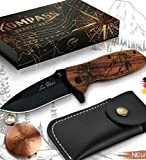 Le Flair® Kompass Messer - Outdoor Messer mit Holzgriff inkl. Kompass + Gürteltasche – Klappmesser - Survivalmesser mit Holz Gravur ...