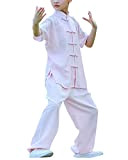 Mengmiao Kinder Unisex Kurze Ärmel Kampfsport Tai Chi Anzug 2-Teiliges Set Oberteile und Hosen Pink 160