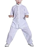 Mengmiao Kinder Unisex Kurze Ärmel Oberteile und Hosen Kampfsport Anzug Kung Fu 2-Teiliges Set Weiß 130