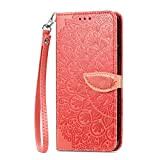 Miagon Brieftasche Hülle für Samsung Galaxy A22 4G,Feder Blume Geprägte Prägung PU Leder Magnetverschluss Handyhülle mit Kartenfach Standfunktion,Rot