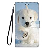 Miagon Flip PU Leder Schutzhülle für Samsung Galaxy A12,Bunt Muster Hülle Brieftasche Case Cover Ständer mit Kartenfächer Trageschlaufe,Schnee Hund