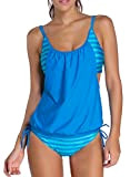 Modasua Damen Tankini Set Badeanzug Set Zweiteiler Bauchweg Push up Bademode Badeanzug Swimsuit Beachwear mit Hotpants,Blau,XL