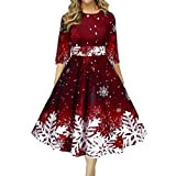 SHINROAD Damen Weihnachtskleid O-Ausschnitt 3/4 Ärmel Taille Enge Hohe Taille Xmas Schneeflocke Großer Saum A-Linie Midikleid Rot 5XL