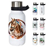 Thermosflasche mit Henkel - Trinkflasche personalisiert mit Namen, auslaufsicher, BPA-frei, Edelstahl, Kohlensäure geeignet (Pferd, 380ml)