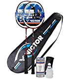 VICTOR Premium Badminton Set 2 x V-3100 inkl. Racketbag + 3 Nylonbällen - blau, rot, 63x21*4