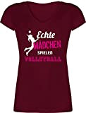 Volleyball Geschenke Zubehör - Echte Mädchen Spielen Volleyball - L - Bordeauxrot - Tshirt v Ausschnitt Damen - XO1525 - ...