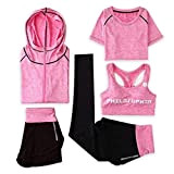 WSLCN Damen Sportsuit Set, Sweatsuit 5 Stück Stretch Trainingsanzug Schnell Trocknend Lauf Jogging Gym Yoga Fitness Pink DE XXS (Asie ...